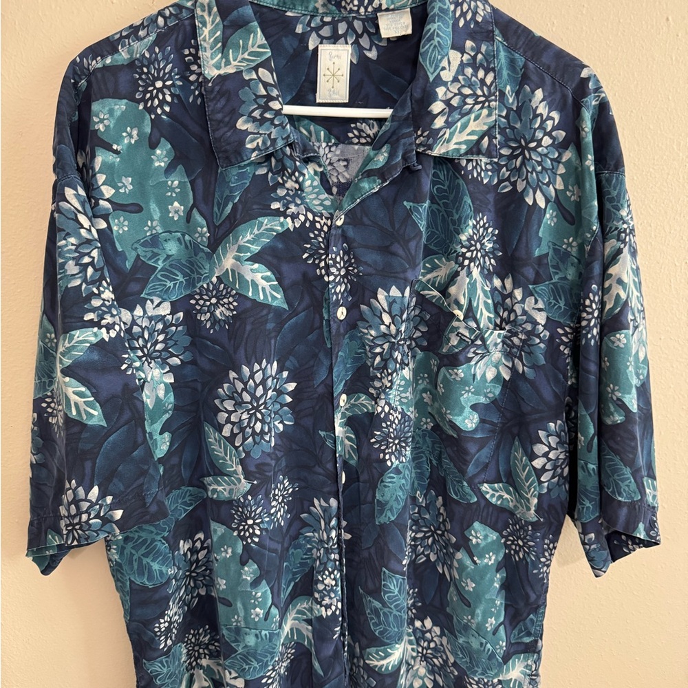 Vintage Burma Bibas Blue‎ Floral Button Up Shirt XL